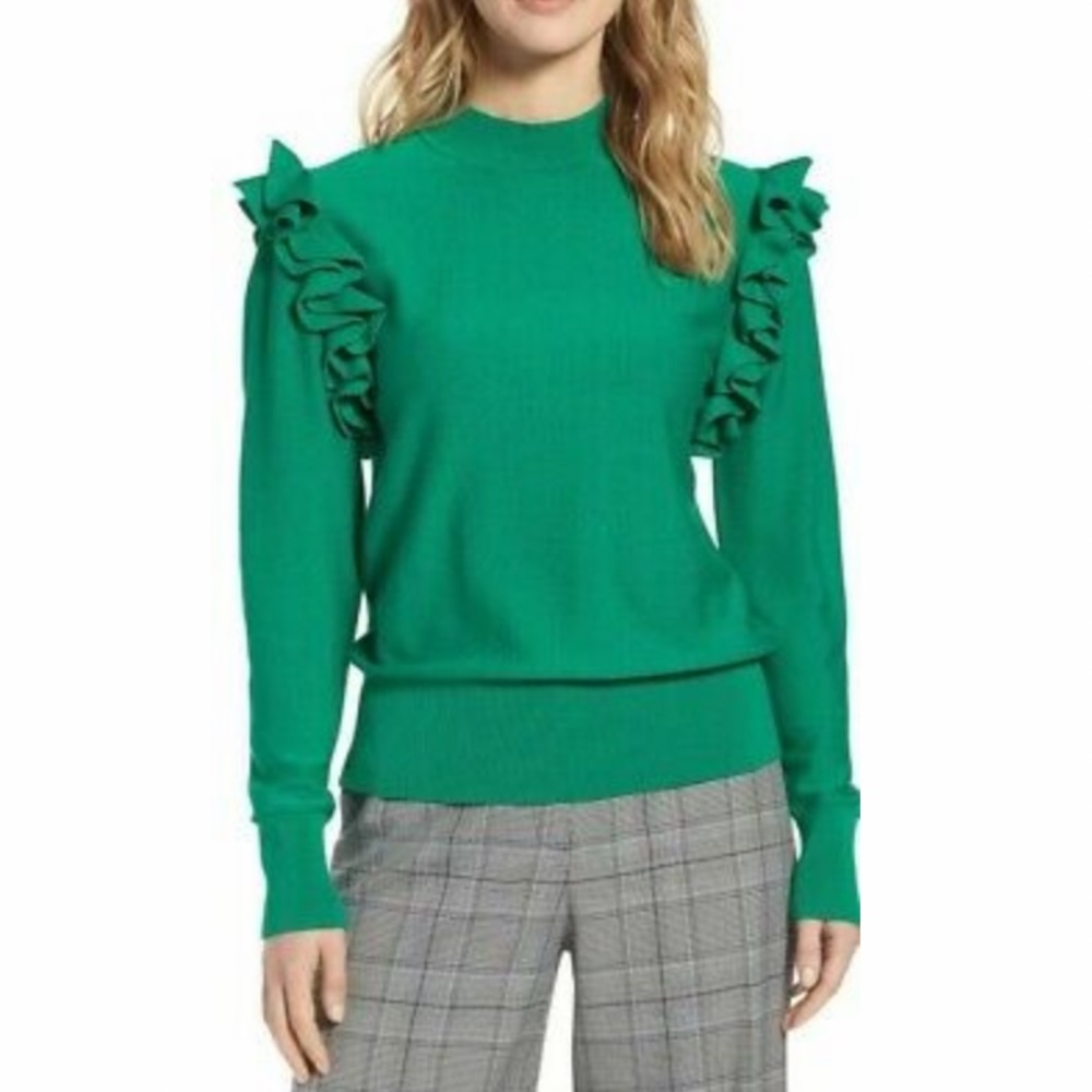 Halogen Ruffle Shoulder Sweater with Removable Sleeves, Size Medium Petite